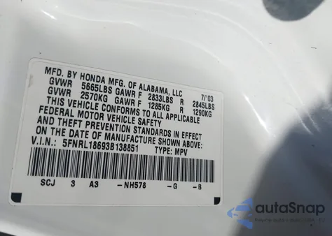 2003 Honda Odyssey Ex from USA, damaged, VIN 5FNRL18693B138851